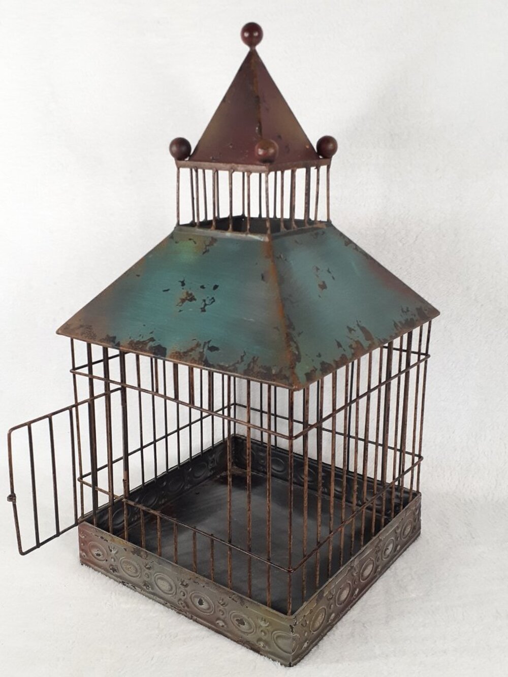 Large 20 Inch Metal Ornamental Rustic Brown & Teal Birdcage Home Decor Piece